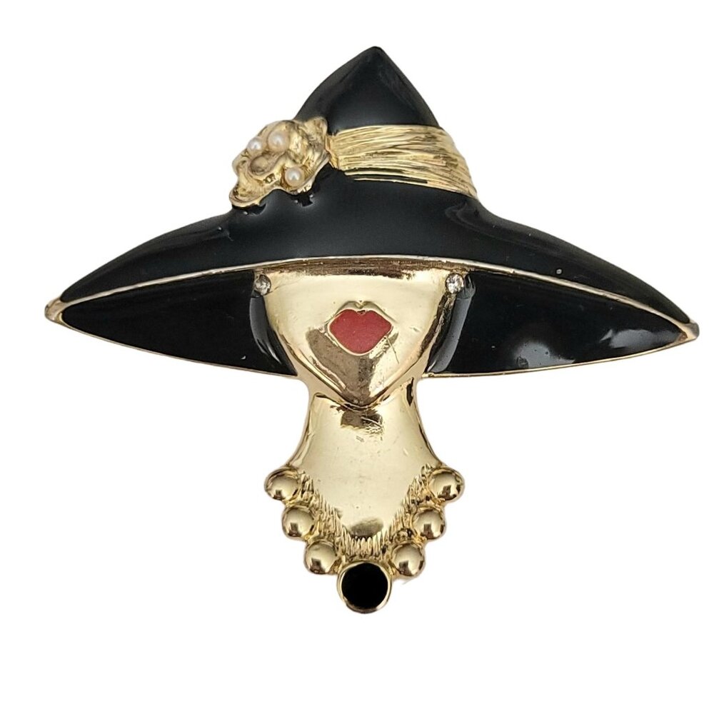 M J ENT Gold Tone Black Enamel Seed Pearl Lady Hat Brooch, Signed
